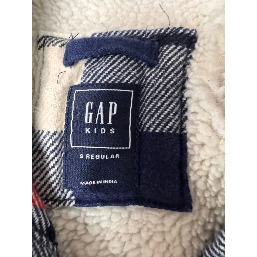 Gap Kids Boys Red Navy Blue Plaid Sherpa Lined Flannel Shirt Jacket 6-7
